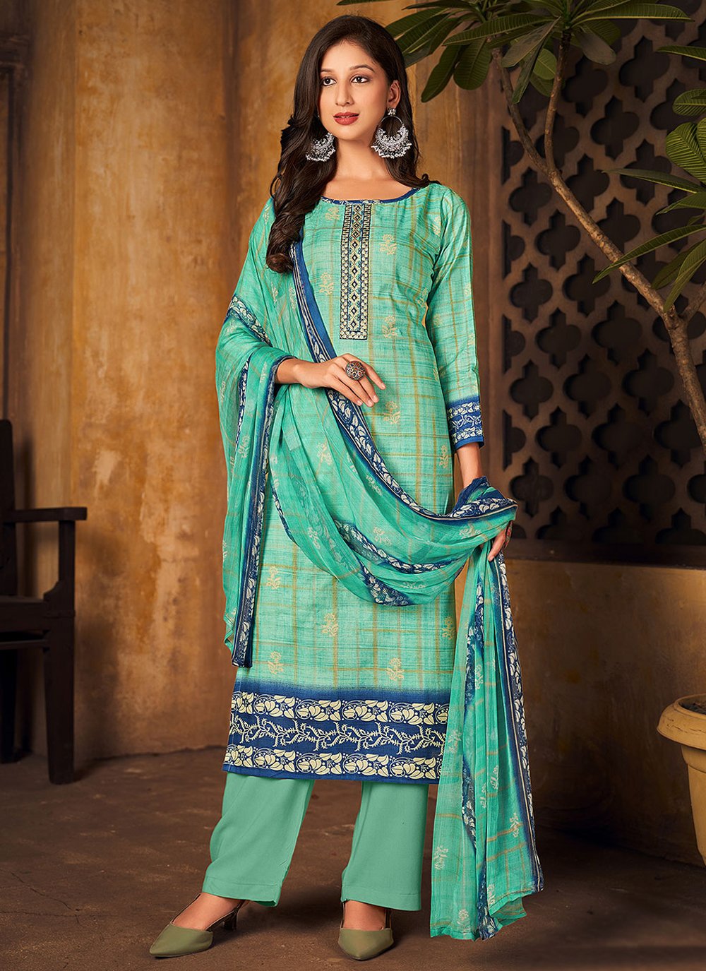 Straight Salwar Suit Pashmina Turquoise Digital Print Salwar Kameez