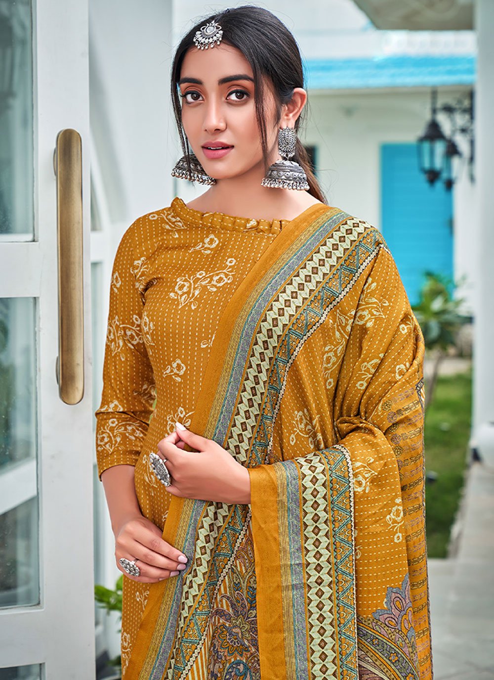 Trendy Suit Pashmina Mustard Digital Print Salwar Kameez