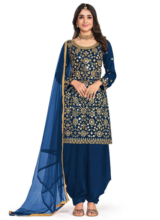 Patiala Suit Silk Blue Embroidered Salwar Kameez