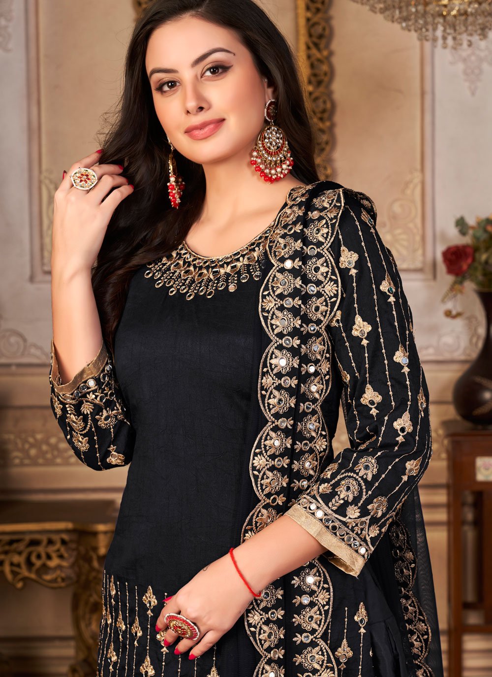 Punjabi Salwar Suit Art Silk Black Embroidered Salwar Kameez