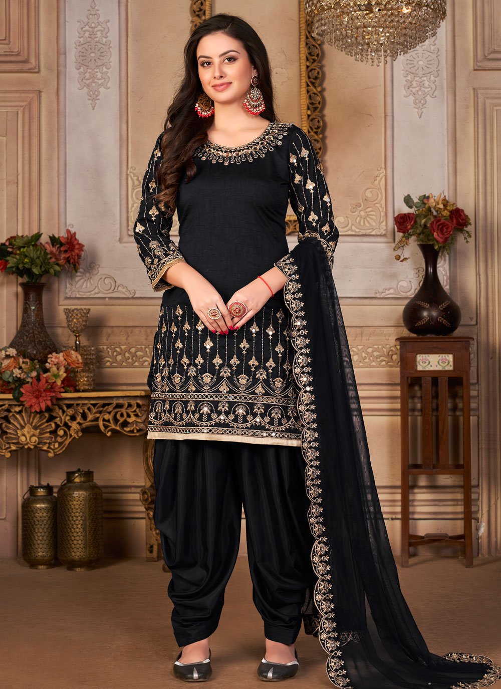 Punjabi Salwar Suit Art Silk Black Embroidered Salwar Kameez