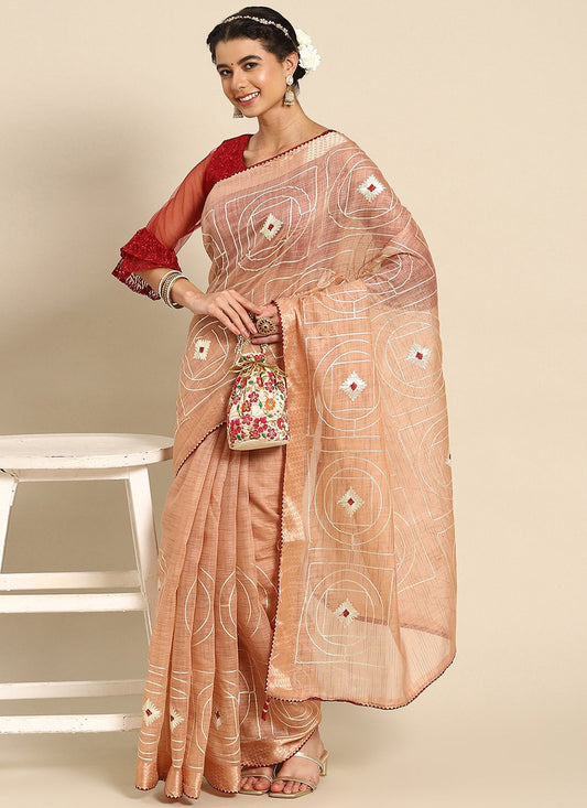 Casual Poly Cotton Peach Embroidered Saree
