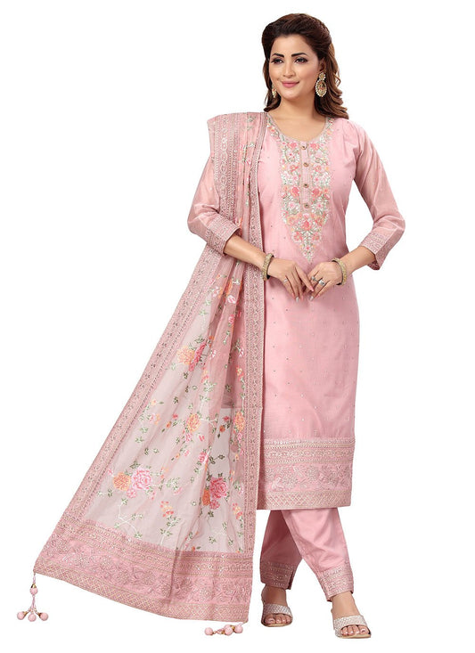 Salwar Suit Chanderi Peach Embroidered Salwar Kameez