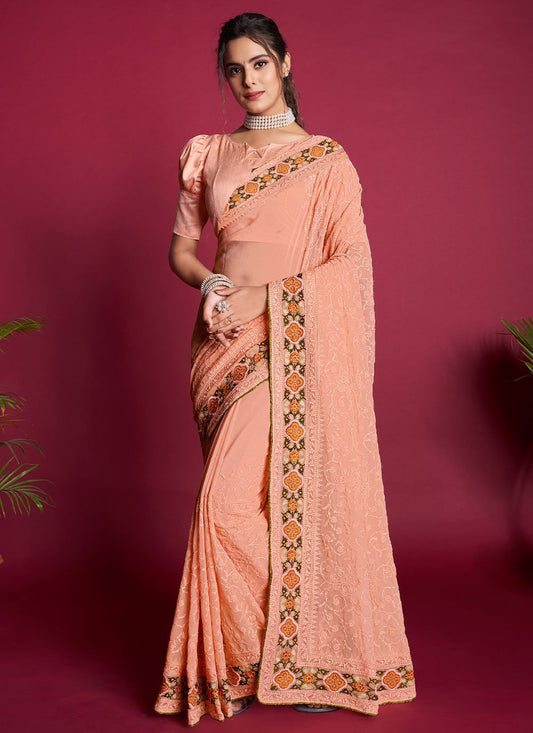 Contemporary Georgette Peach Embroidered Saree