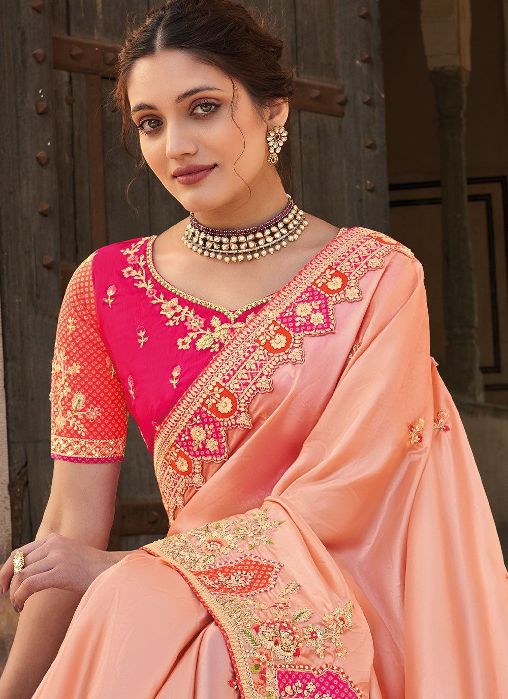 Contemporary Organza Tissue Peach Embroidered Saree