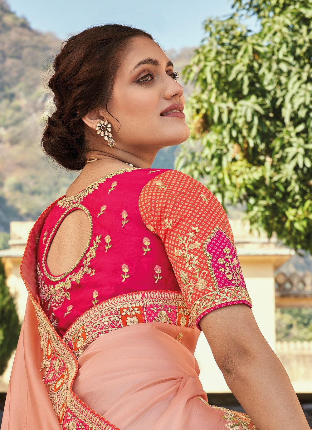 Contemporary Organza Tissue Peach Embroidered Saree