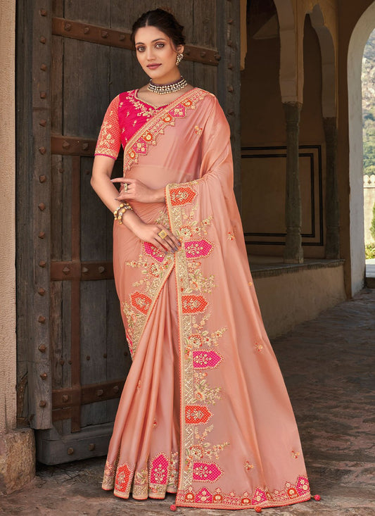 Contemporary Organza Tissue Peach Embroidered Saree