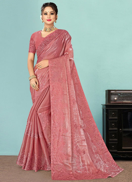 Trendy Saree Fancy Fabric Peach Embroidered Saree