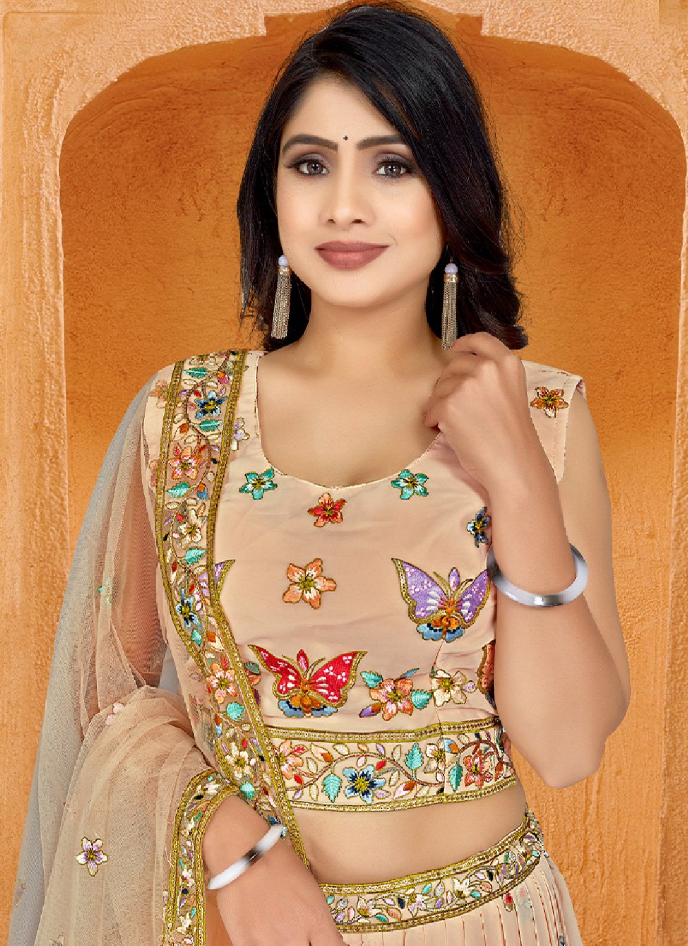 A Line Lehenga Georgette Peach Embroidered Lehenga Choli