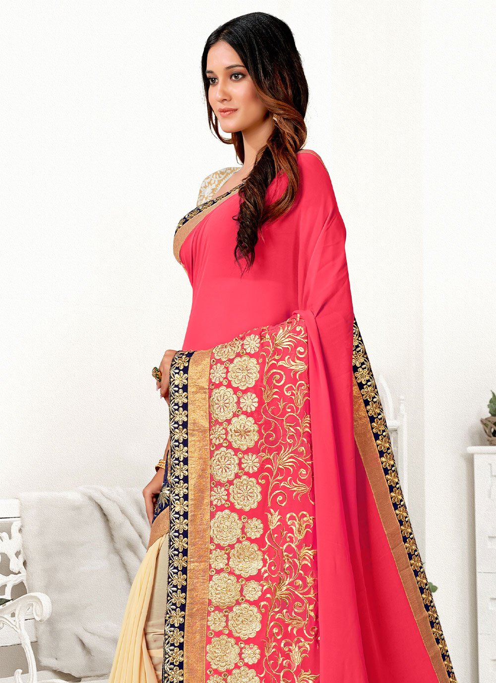 Classic Georgette Peach Embroidered Saree