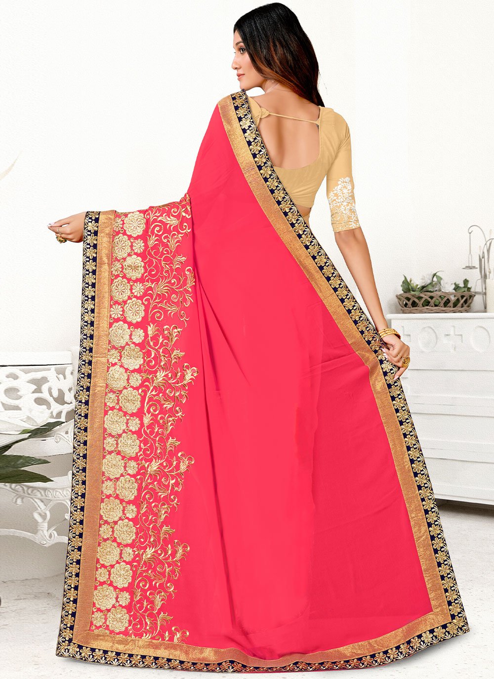 Classic Georgette Peach Embroidered Saree