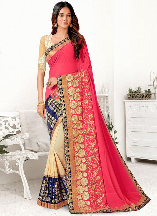 Classic Georgette Peach Embroidered Saree