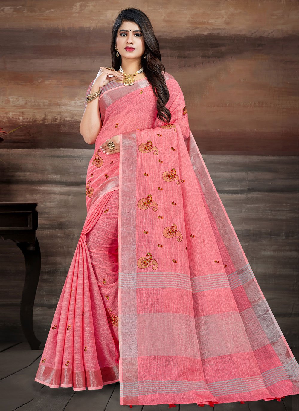 Classic Linen Peach Embroidered Saree