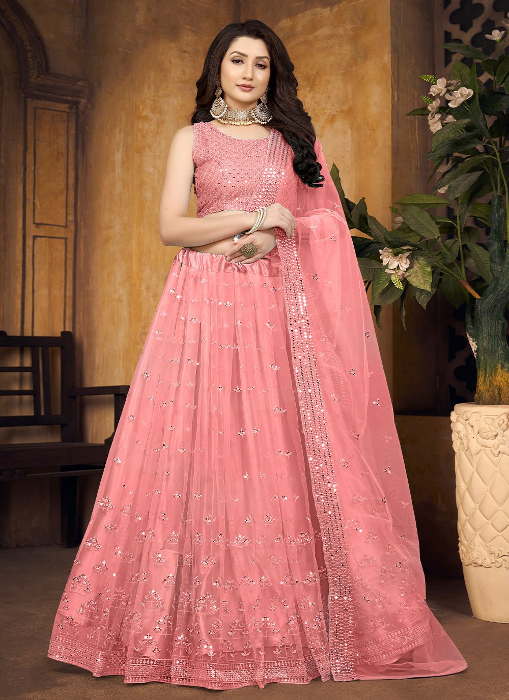 A Line Lehenga Net Peach Embroidered Lehenga Choli