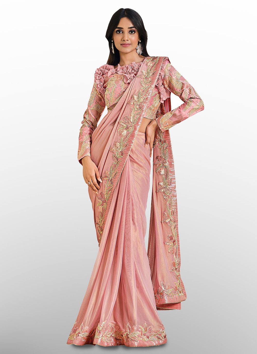 Classic Lycra Net Peach Embroidered Saree