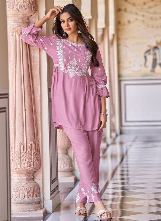 Casual Kurti Rayon Pink Embroidered Kurtis