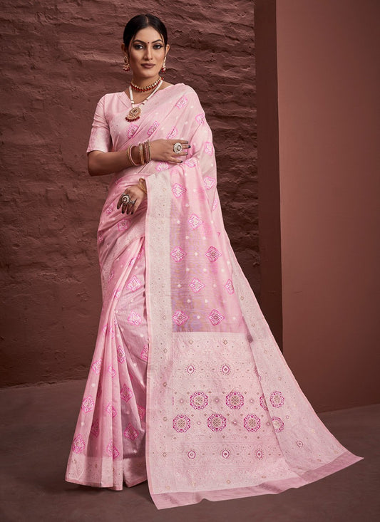 Designer Cotton Pink Embroidered Saree