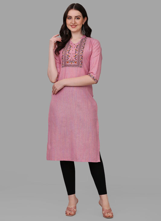 Designer Kurti Cotton Pink Embroidered Kurtis