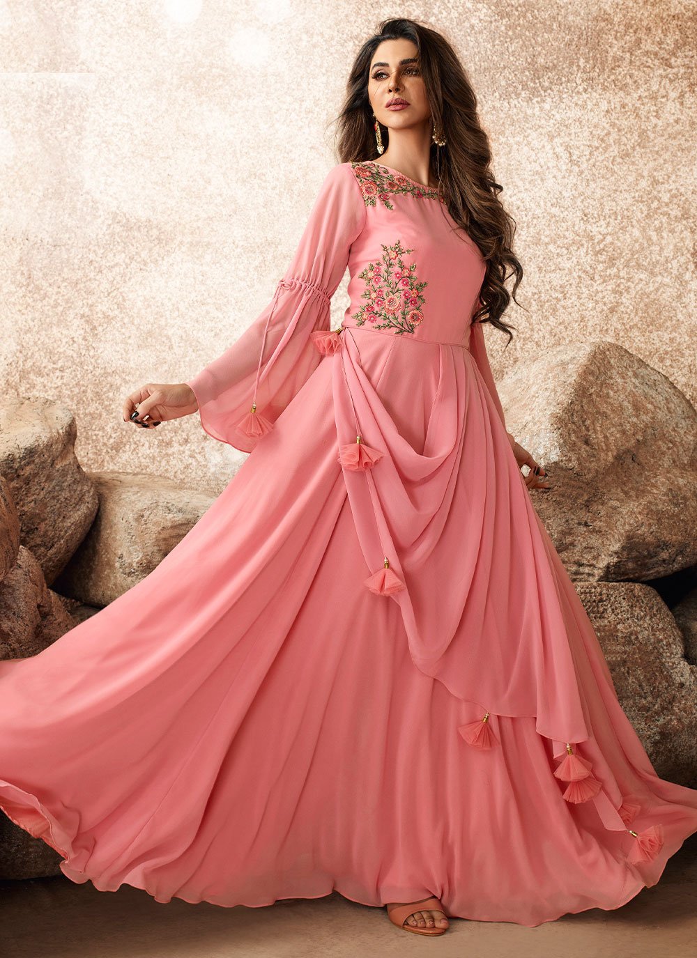 Designer Gown Georgette Pink Embroidered Gown