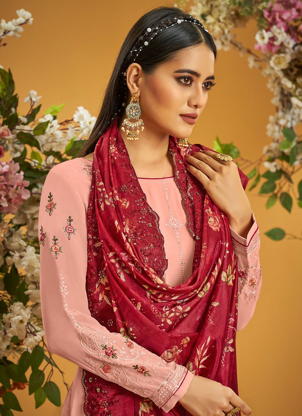 Palazzo Salwar Suit Georgette Pink Embroidered Salwar Kameez