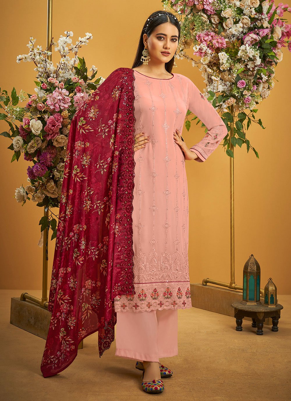 Palazzo Salwar Suit Georgette Pink Embroidered Salwar Kameez