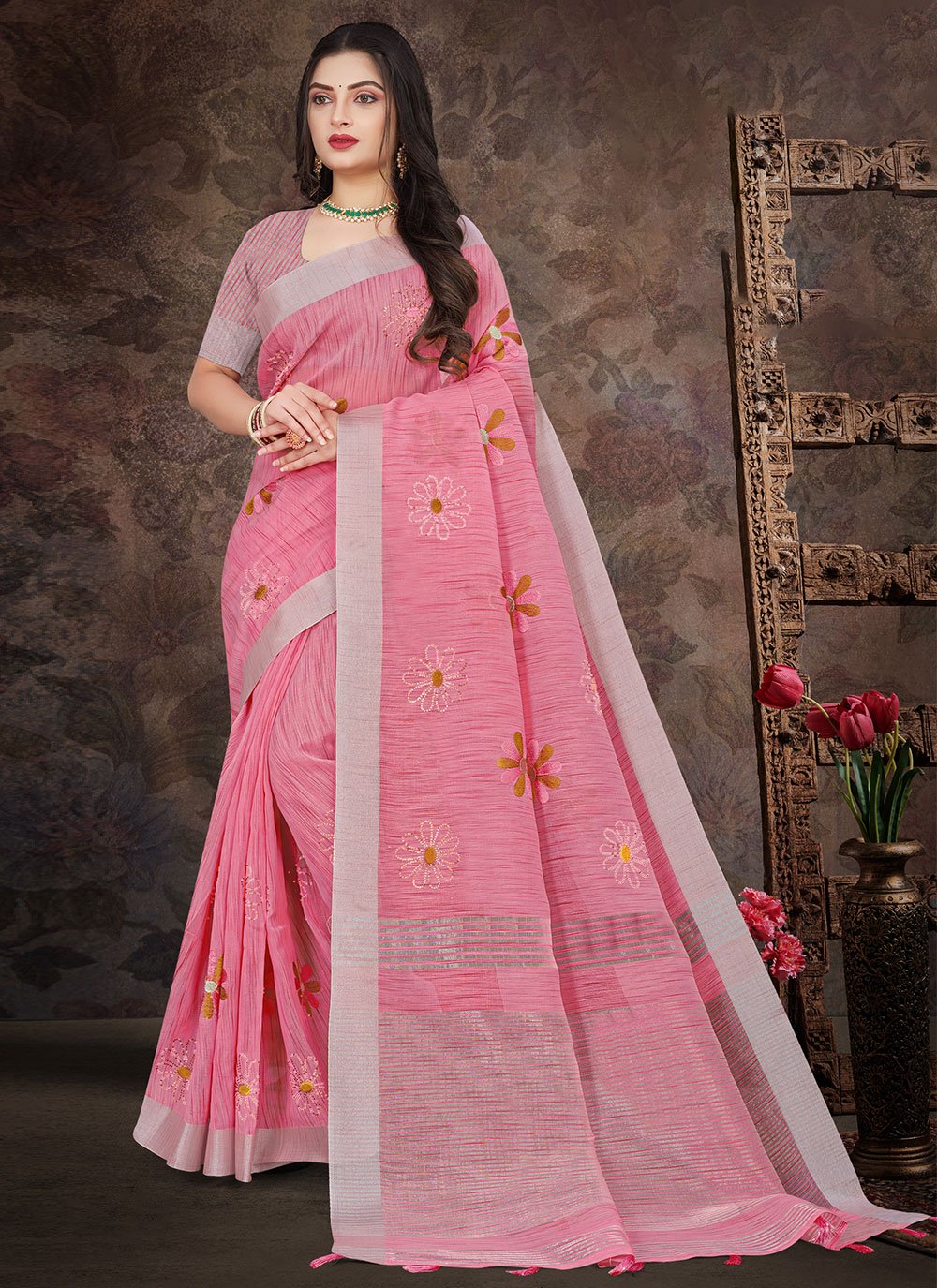 Contemporary Linen Pink Embroidered Saree