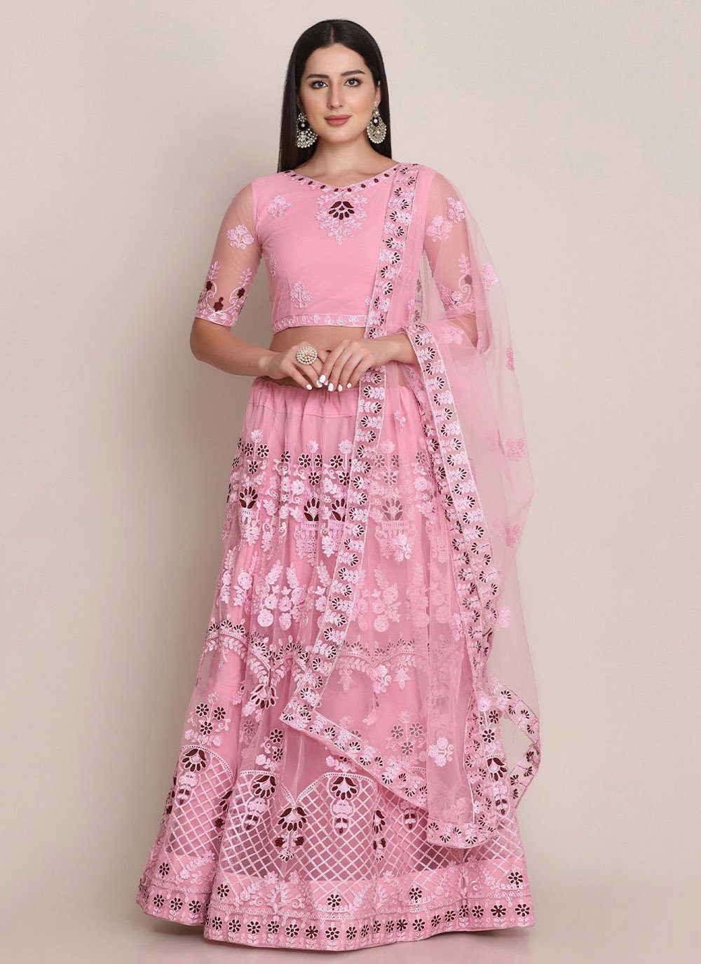 A Line Lehenga Net Pink Embroidered Lehenga Choli