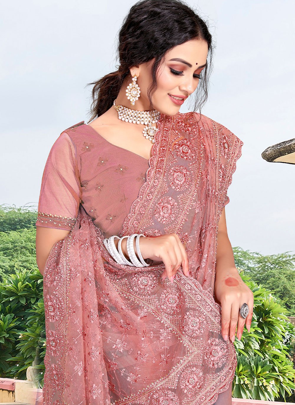 Contemporary Net Pink Diamond Saree