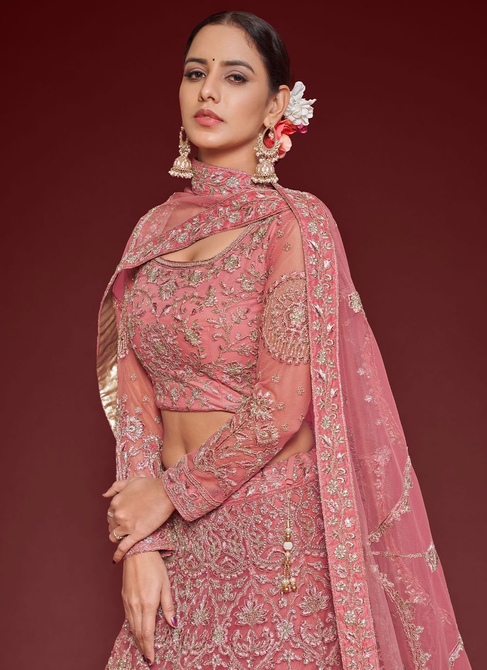 Lehenga Choli Net Pink Dori Work Lehenga Choli