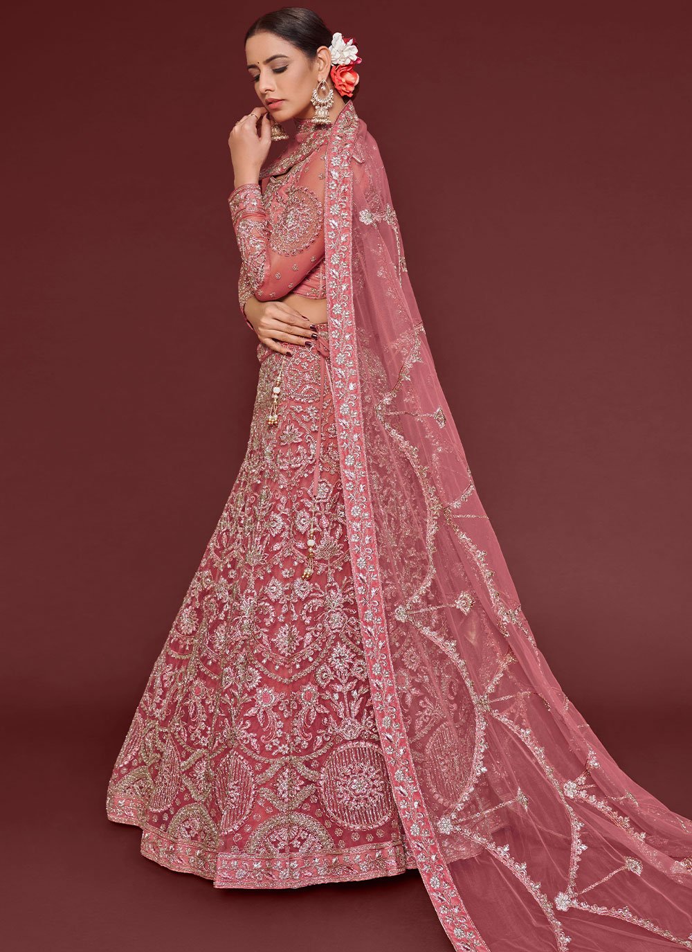 Lehenga Choli Net Pink Dori Work Lehenga Choli