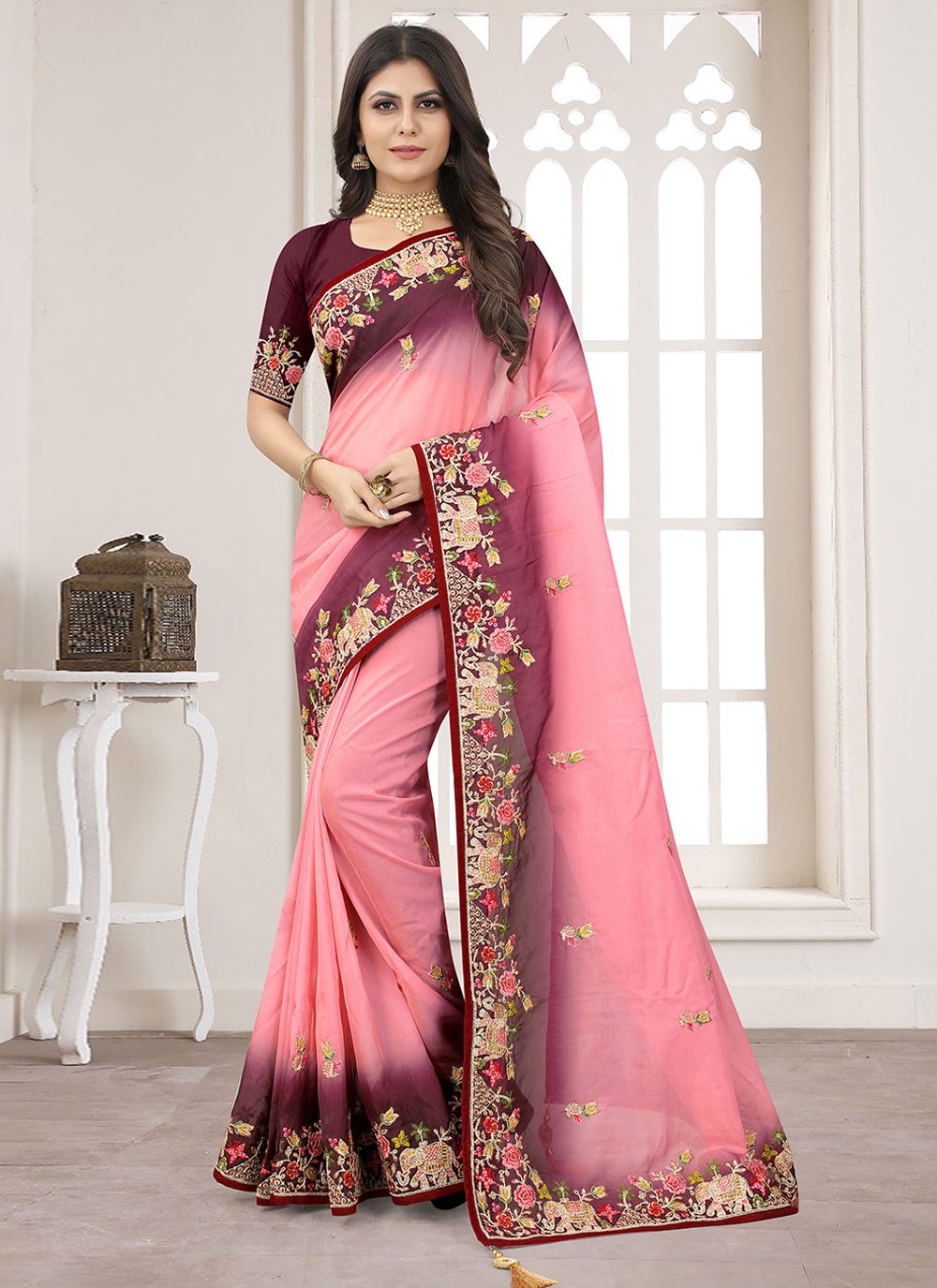 Contemporary Organza Pink Embroidered Saree