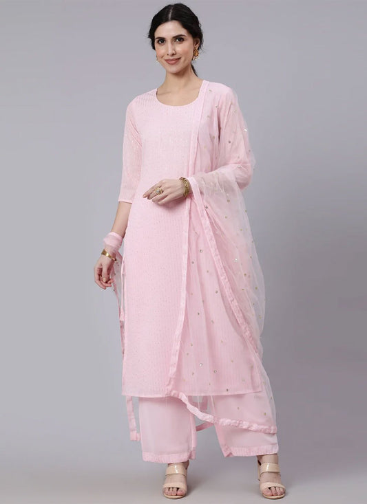 Palazzo Salwar Suit Georgette Pink Embroidered Salwar Kameez