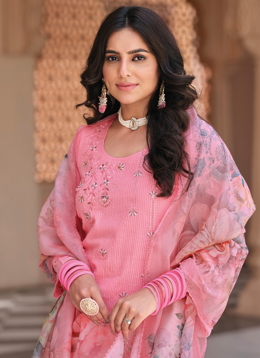 Pant Style Suit Cotton Pink Embroidered Salwar Kameez