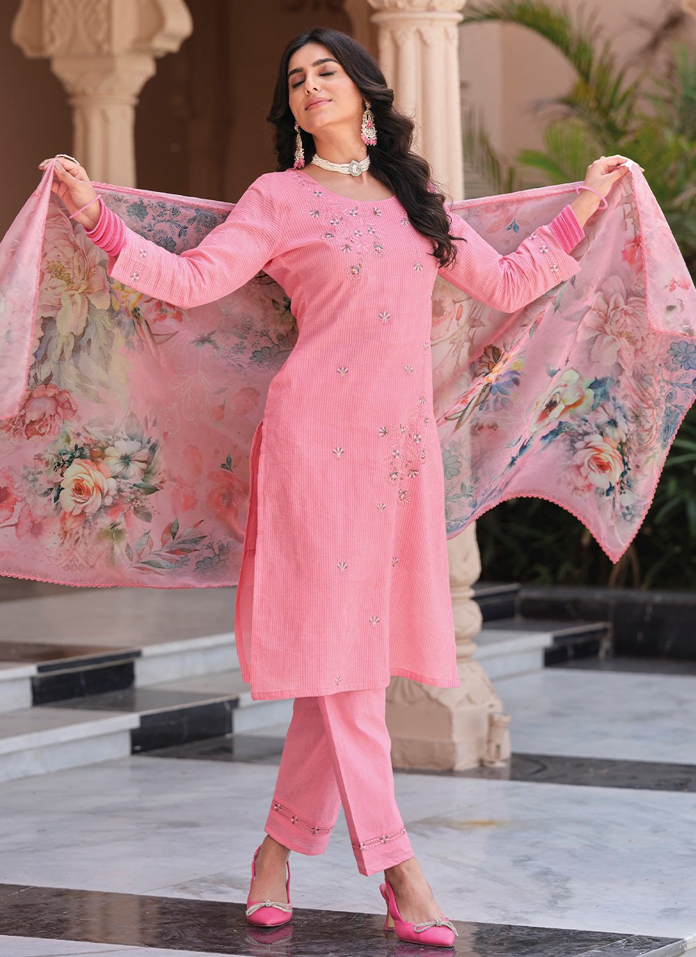 Pant Style Suit Cotton Pink Embroidered Salwar Kameez