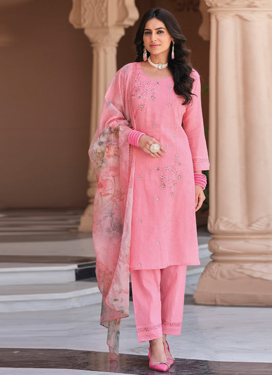 Pant Style Suit Cotton Pink Embroidered Salwar Kameez