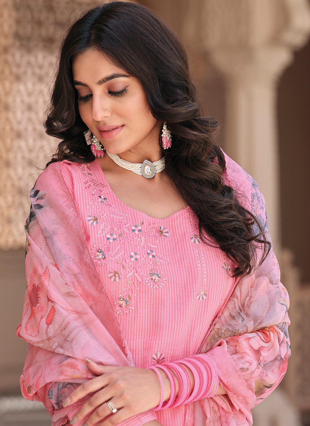 Pant Style Suit Cotton Pink Embroidered Salwar Kameez