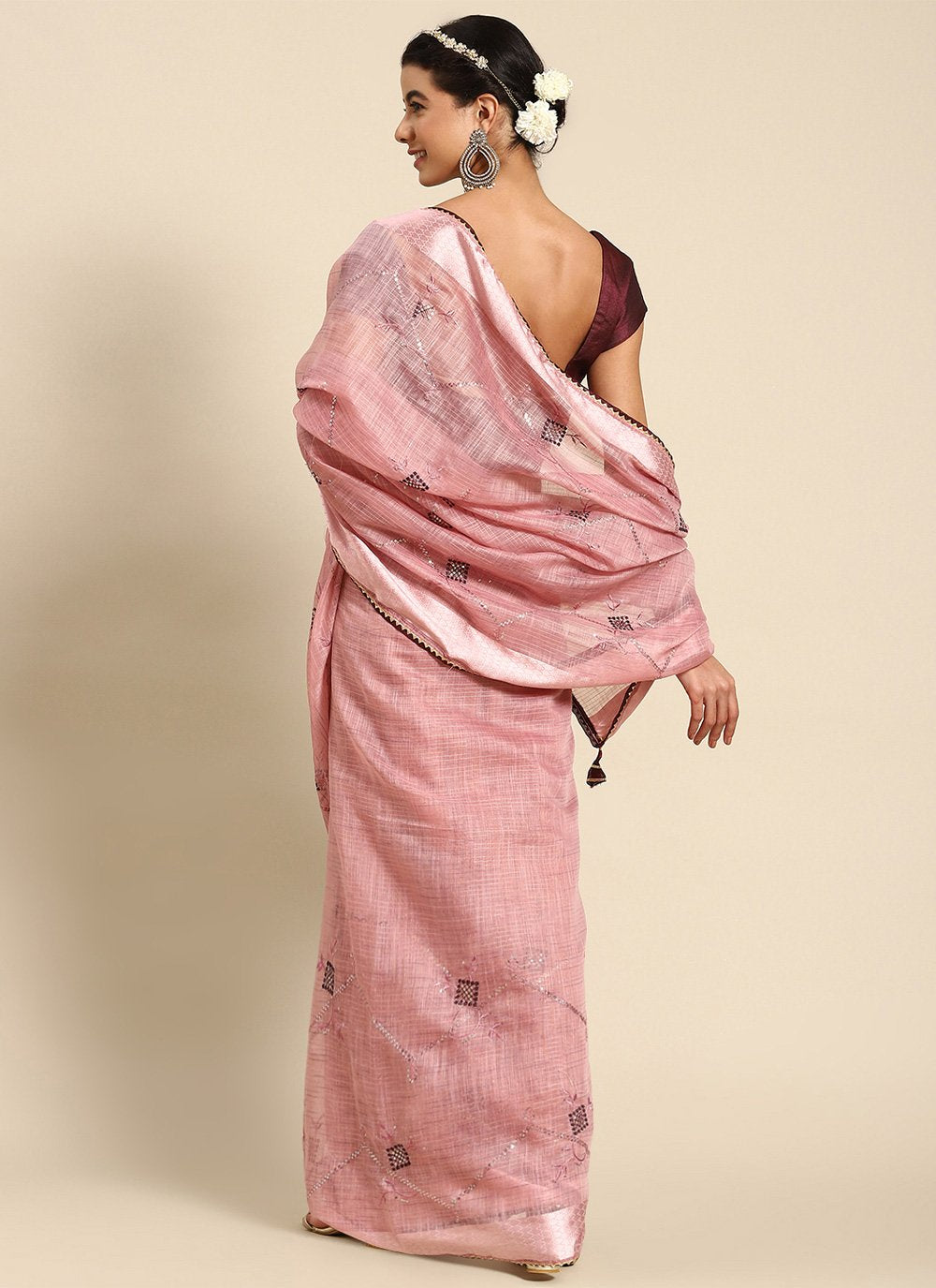 Casual Poly Cotton Pink Embroidered Saree