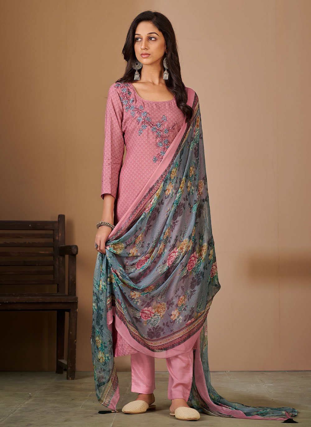 Salwar Suit Muslin Pink Embroidered Salwar Kameez