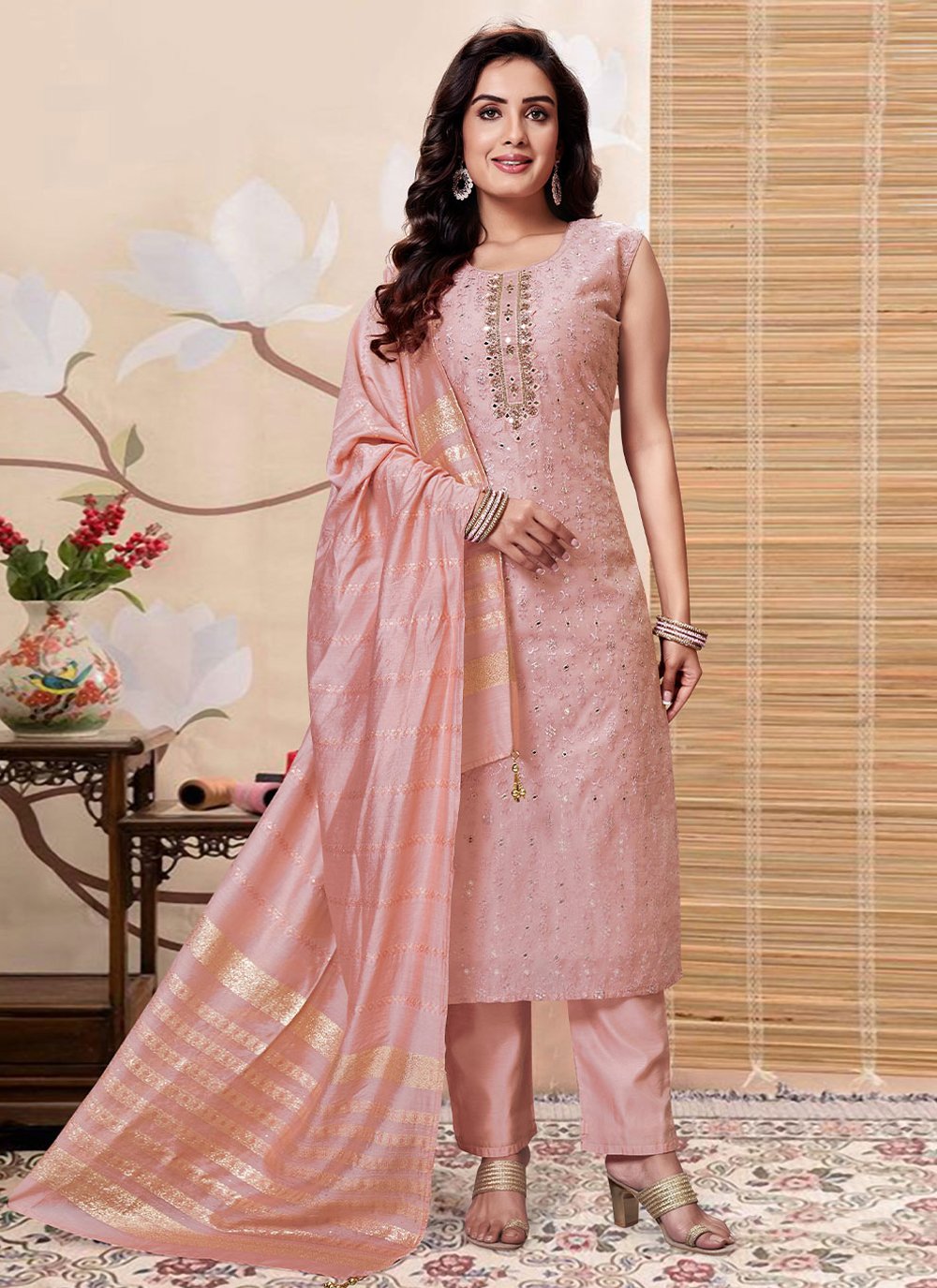 Salwar Suit Silk Pink Embroidered Salwar Kameez