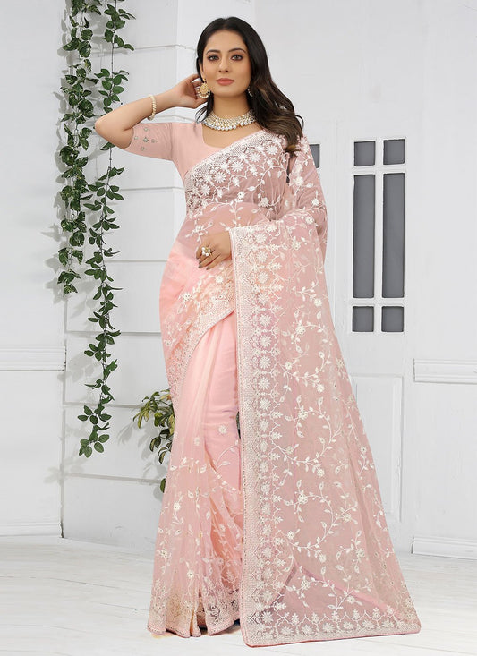 Trendy Saree Net Pink Embroidered Saree