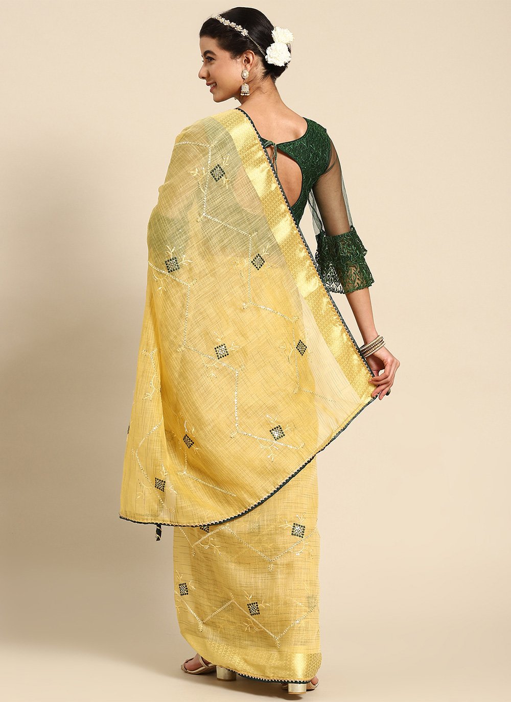 Classic Poly Cotton Yellow Embroidered Saree