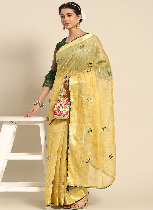 Classic Poly Cotton Yellow Embroidered Saree