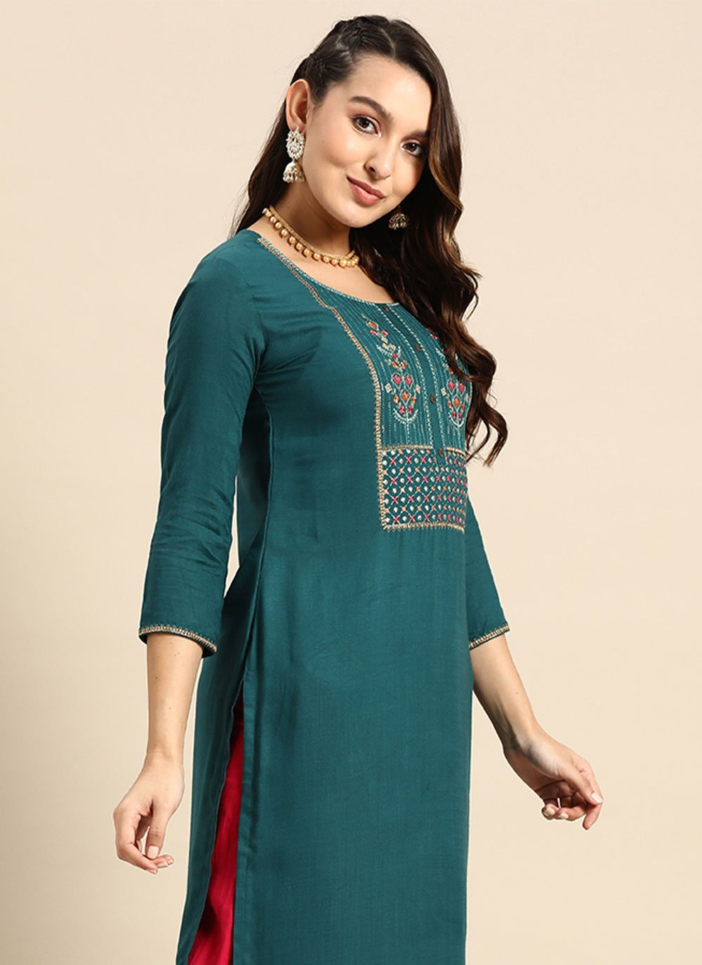 Casual Kurti Poly Rayon Teal Embroidered Kurtis