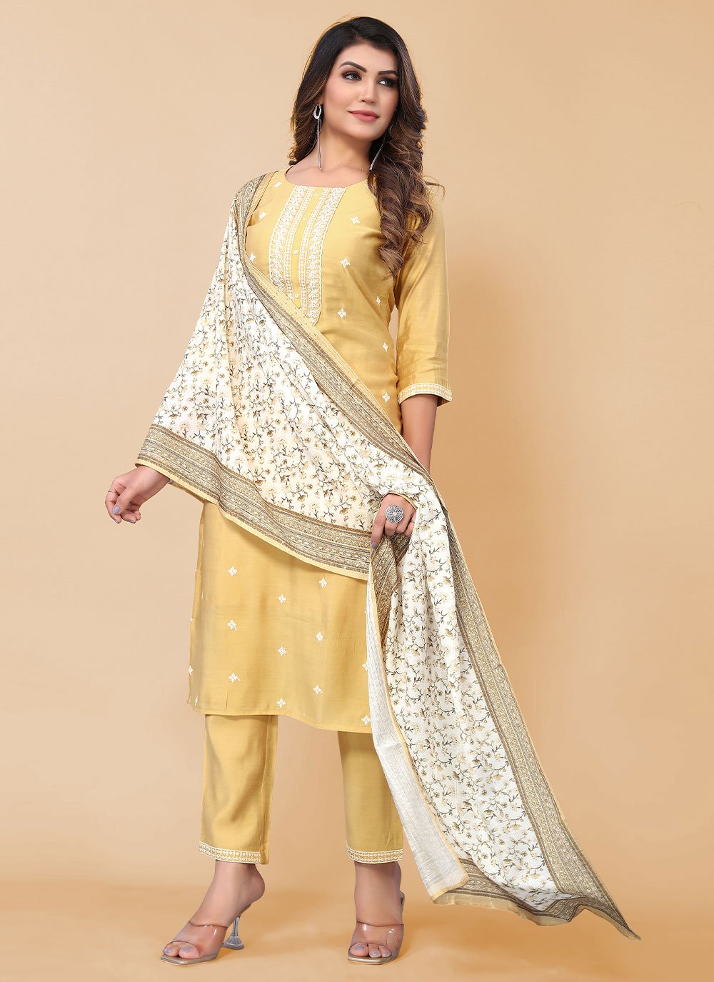 Pant Style Suit Poly Silk Yellow Embroidered Salwar Kameez