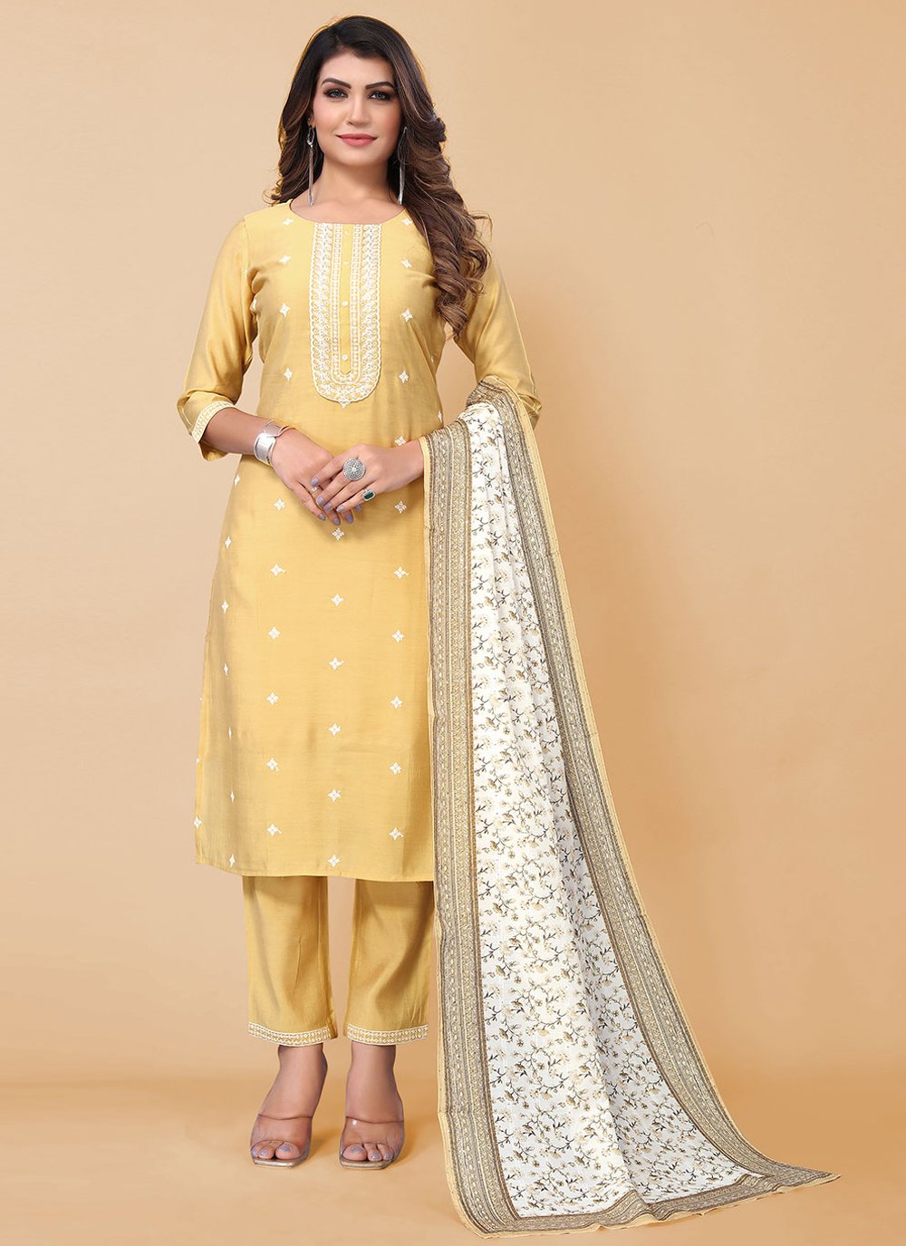 Pant Style Suit Poly Silk Yellow Embroidered Salwar Kameez