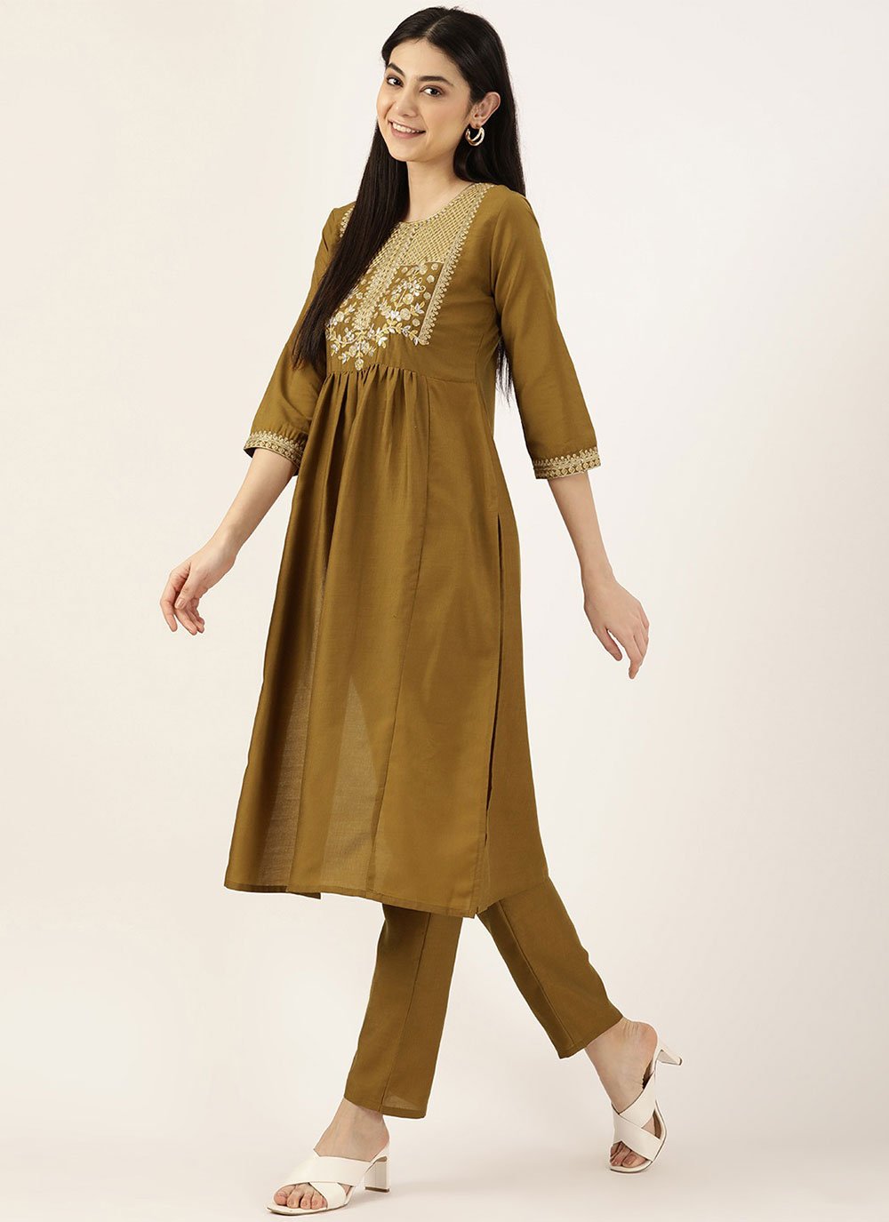 Casual Kurti Cotton Polyester Brown Embroidered Kurtis