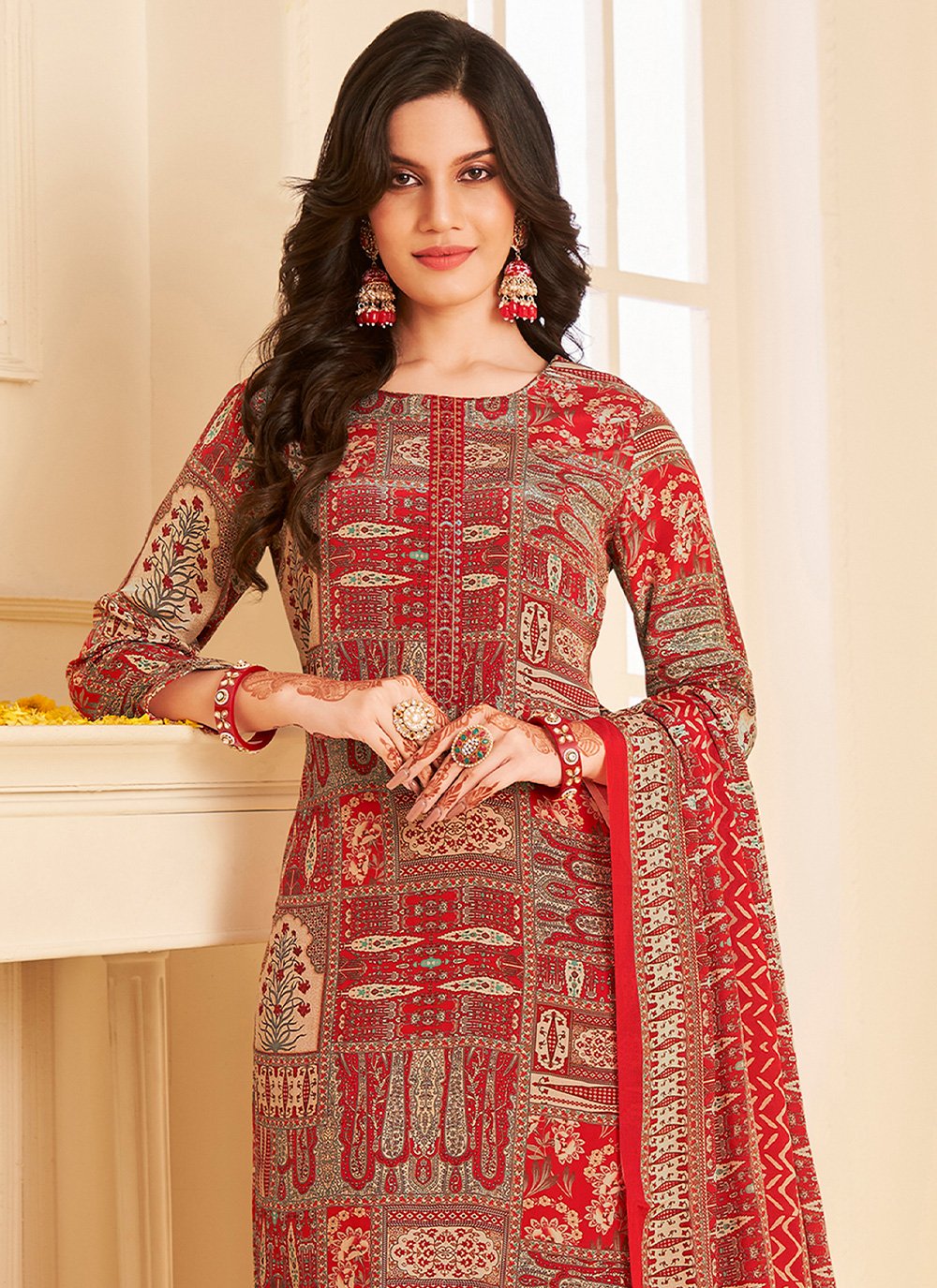 Punjabi Salwar Suit Pure Crepe Red Embroidered Salwar Kameez