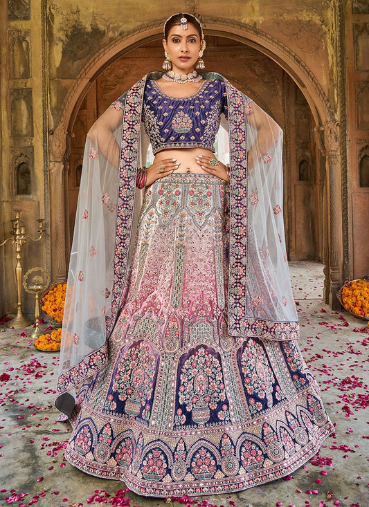 A Line Lehenga Velvet Purple Embroidered Lehenga Choli