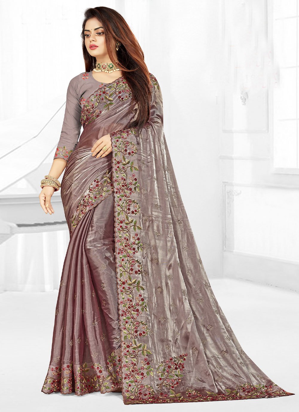 Designer Chiffon Purple Embroidered Saree