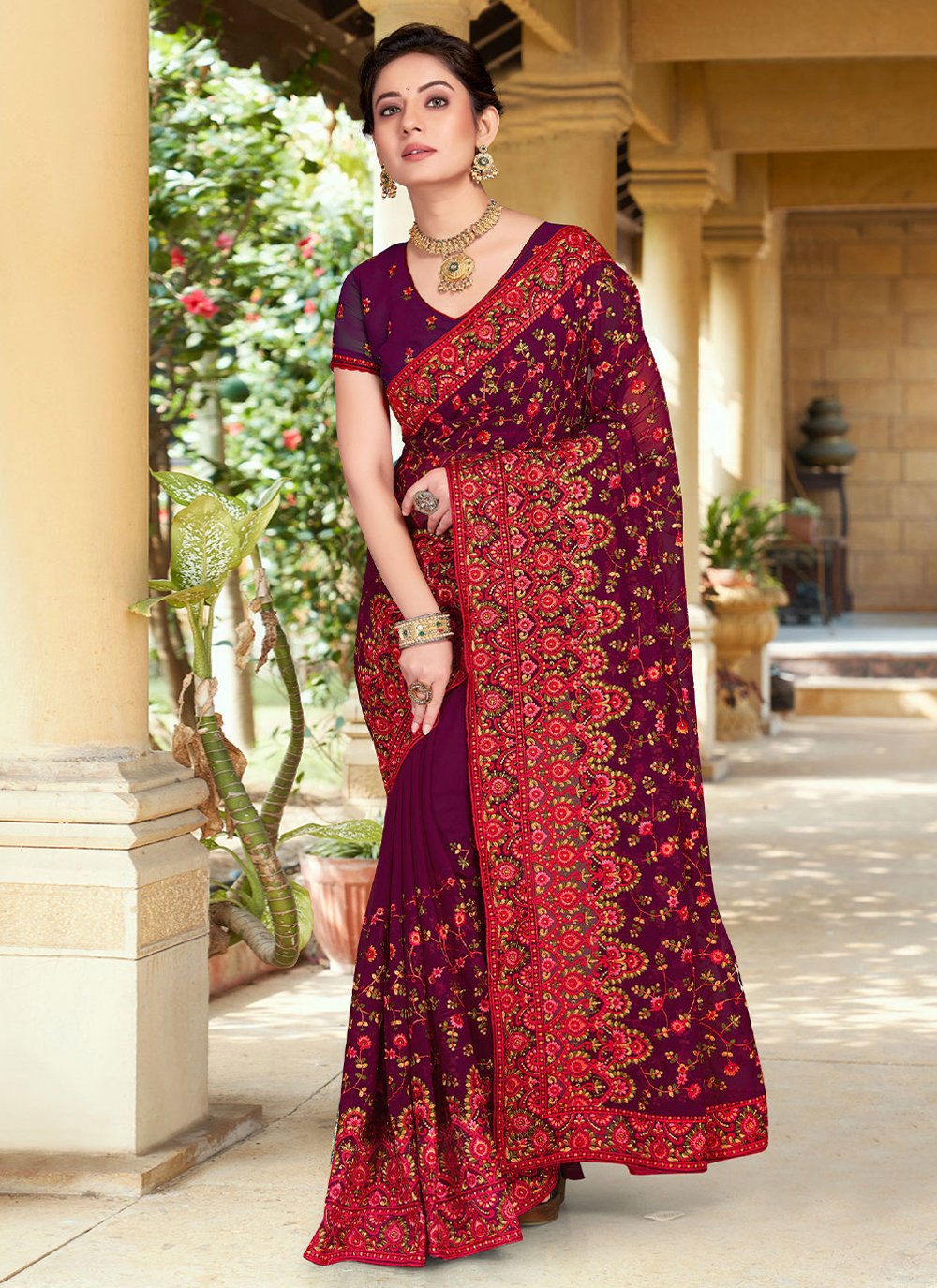 Classic Georgette Purple Embroidered Saree